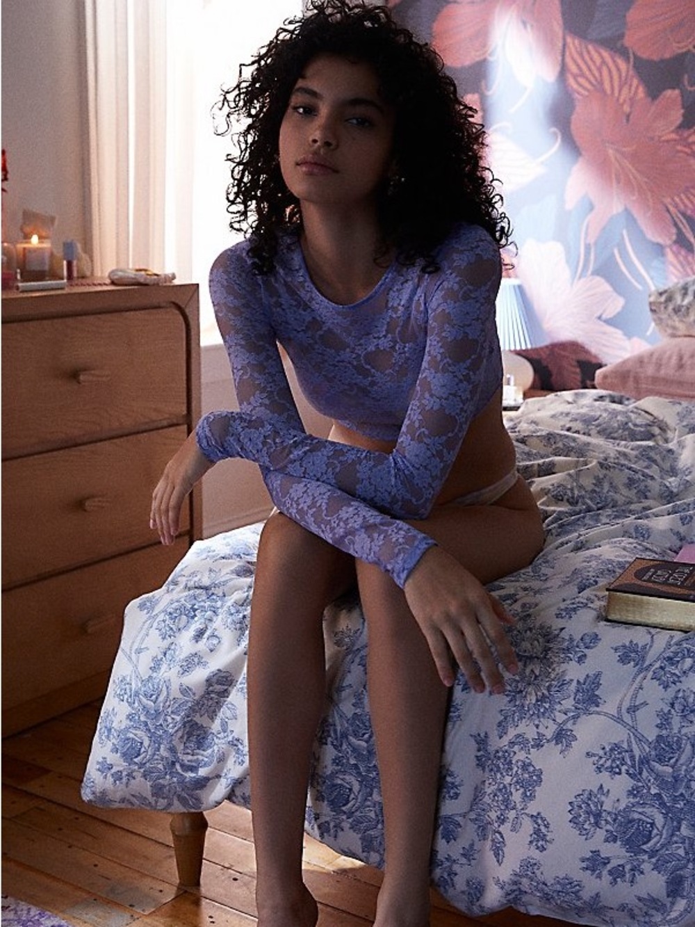 Urban Outfitters Danica Blue Sheer Lace Long Sleeve Top